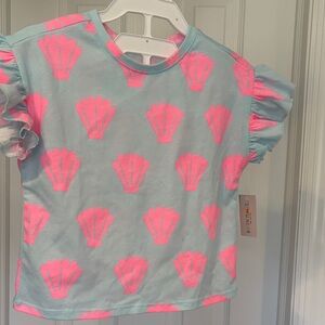 Girls' Light Blue Top with Pink Shell Print